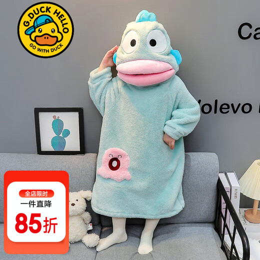 G.DUCKKIDS little yellow duck children's clothing children's pajamas girls home clothes spring and autumn new hooded dinosaur long-sleeved jumpsuit light blue ugly fish nightgown winter style 110 recommended 4~5 years old 100-110cm cm