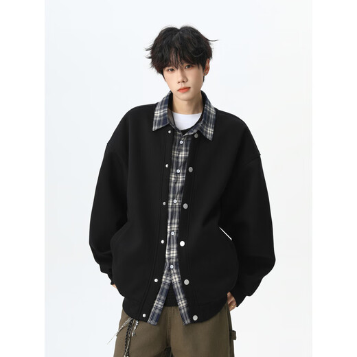 OEMG American plaid stitching fake two-piece cardigan sweatshirt men's spring and autumn trendy brand loose casual top jacket heather gray XL recommended 110-130Jin Jin equals 0.5 kg