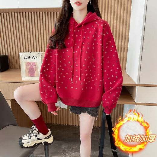 妃丽慕尚纯棉烫钻连帽卫衣女套头上衣秋冬季慵懒风加绒加厚宽松红色外套潮 D1049黑色【常规】 XL 建议150斤以内