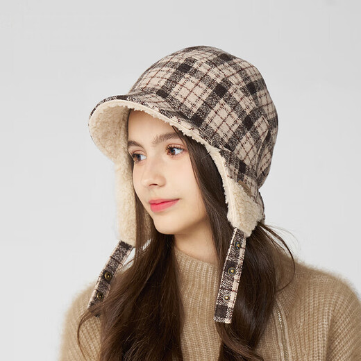 Kenmont wool plaid ear protection beret women's lamb velvet thickened warm double-sided peaked cap km-5264