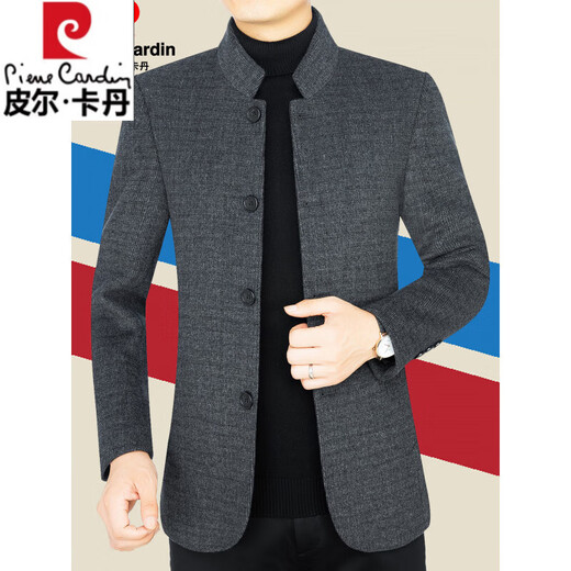Pierre Cardin 2025 Spring and Autumn Wool Woolen Jacket for Men Middle-aged Dad Chinese Stand Collar Men's Woolen Jacket for Men Black Gray XL 180 (135-150Jin Jin is equal to 0.5kg)