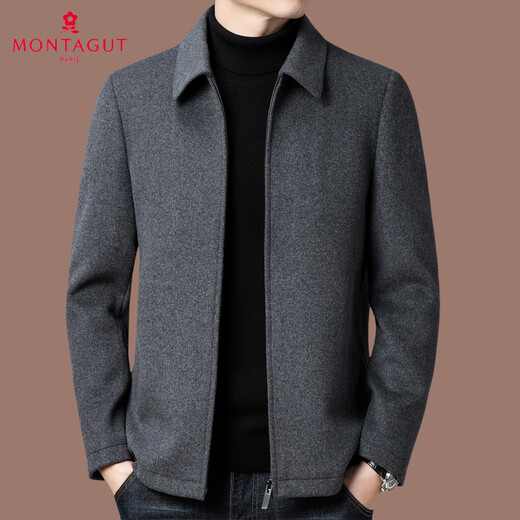 MONTAGUT French Cashmere Jacket Men's Middle-aged Business Casual Solid Color Wool Wool Short Autumn and Winter Dad Jacket Gray 2XL 180/96A
