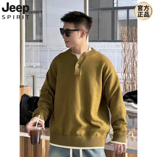 JEEP SPIRIT spring, autumn and winter heavy ins style fake two-piece spliced henley collar sweater for men loose casual versatile solid color V-neck wool gray original custom 900g fabric M recommended 90-125Jin Jin equals 0.5 kg