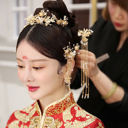 Hengjiu Ye Lao Phoenix Gold Store Style Chinese Xiuhe Clothing Headwear Bride Wedding Attractive Phoenix Crown Hanfu Full Set Wedding Hair Accessories Picture Set (Ear Clip Style)