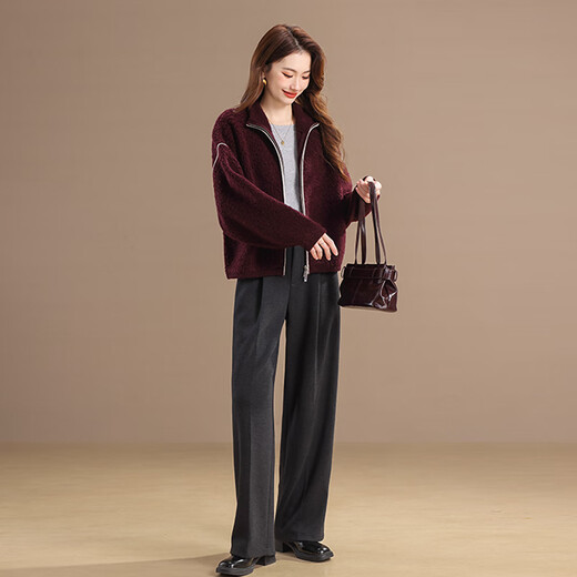 Qianbainian 100% sheep wool thickened warm cardigan sweater for women autumn and winter new double-sided zipper stand collar loose jacket red L