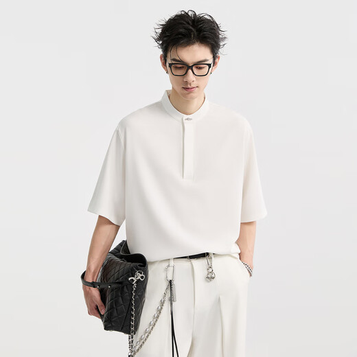 Earl Zall cool Henry collar Earl Zall summer small stand-up collar short-sleeved POLO shirt men's loose quick-drying anti-wrinkle T-shirt Sea Salt White M