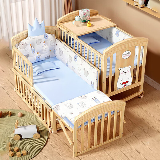 ANGI BABY crib solid wood unpainted baby bed spliced large bed multi-functional newborn bb rocking bed removable children's bed bed + brown cushion + crown five-piece set blue classic bear