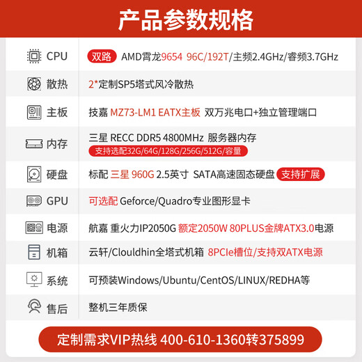 cloud hin dual-channel AMD Xiaolong 9654/9754 scientific simulation computing DeepSeek local deployment graphics workstation/CPU rendering/finite element analysis workstation host dual-channel Xiaolong 9654 2.4G 192 core 384 thread RTX4090D 2