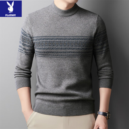 Playboy (PLAYBOY) sweater for men warm loose middle-aged and young men versatile sweater new style knitted sweater winter stiletto round neck casual 19h717 gray green 3XL