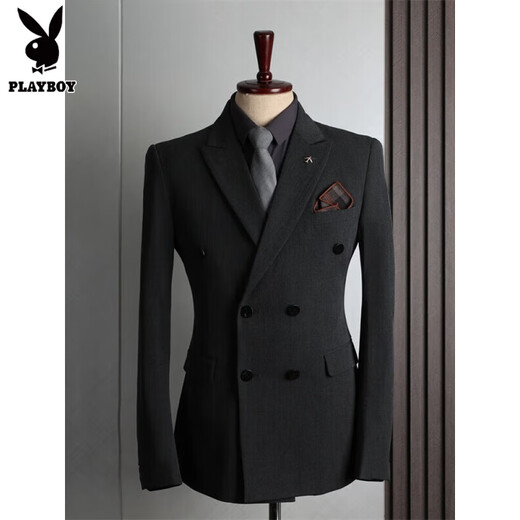 Playboy suit men's British style double-breasted high-end business casual suit three-piece groom's wedding dress men's medium gray (suit + pants) L 50