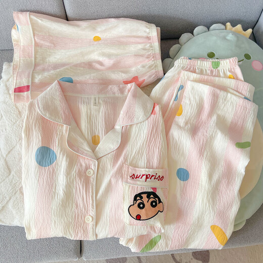诗迦努2025新款卡通短袖睡衣女三件套云朵纱家居服七夕 云朵棉-J9901乐园小狗三件套 M 【建议75-100斤】