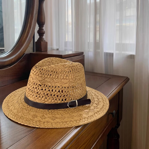 Woodpecker Retro Panama Straw Hat Hollow Braided Flat Brim New Sun Protection Shade Shallow Top Jazz Hat Fashionable and Versatile Top Hat French Panama - Off-White One Size (56-58cm)