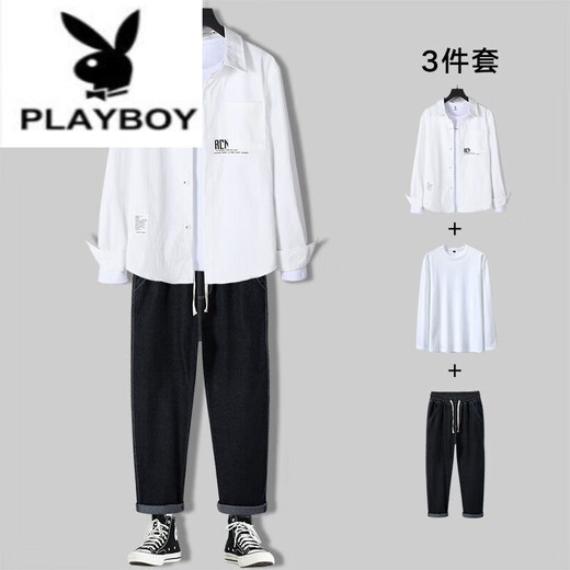 Playboy (Playboy) Мужская повседневная рубашка с длинным рукавом мужская набор весна и осенняя модная мужская одежда Полный комплект со зрелой модной одеждой 679 синяя рубашка + длинная белая T + 71 синие джинсы xl