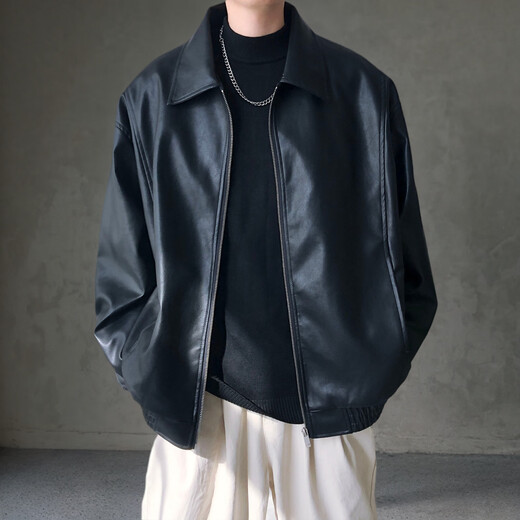 Yuhun American Retro Leather Jacket Coat Men's Loose PU Leather Jacket Boys Jacket Spring and Autumn Hong Kong Style Trendy Handsome Motorcycle Jacket Black Velvet L Loose Version 125-140Jin Jin is equal to 0.5 kg