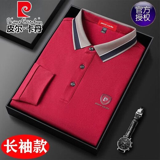 Pier Cardin Camiseta de manga larga para hombres de algodón 100% puro en la camiseta nueva de otoño, la solapa de mediana edad, la solapa de algodón de algodón, la camisa de algodón de algodón rojo masculino skl-15810 s 165 tamaño [90-115jin [Jin iguala 0.5 kg]]