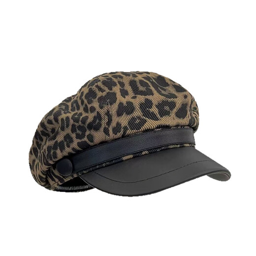 2025 New Retro Leopard Print Beret Girls Autumn Millennial Niche Octagonal Hat Big Head Circumference Showing Face Hat Fashion Brown Leopard Print