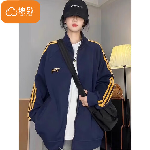 棉致撞色拼接三条杠立领开衫卫衣女春秋季2025新款休闲宽松上衣外套 A130黑色【常规高品质30.5】 L 100-120斤