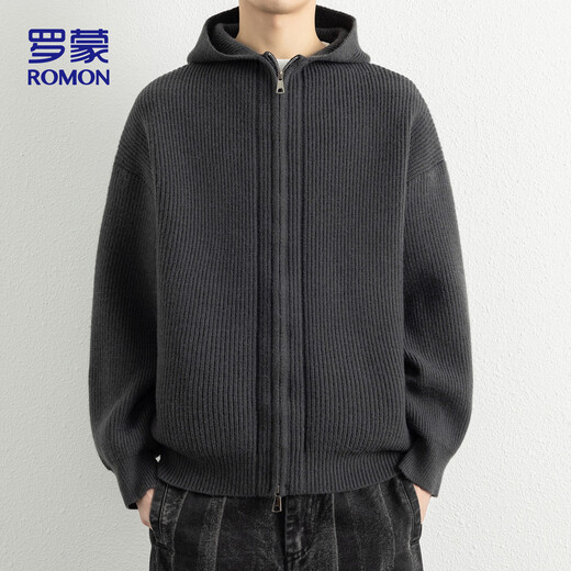 ROMON Knitted Sweater Cardigan Autumn Trendy Hooded Men's Jacket Loose Casual Warm Wool Clothes ST26 Black Gray XL