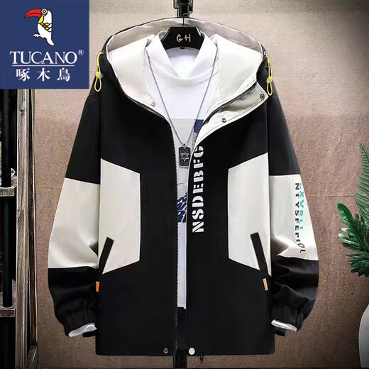 Woodpecker Jacket 2025 New Workwear Jacket Autumn and Winter Hooded Boys Teenagers Casual Loose Gown Men's Clothes Black Gray (Regular Style) XL