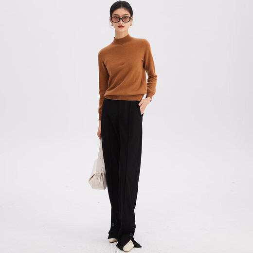 PALUOPO casual and versatile 100% cashmere sweater for women autumn and winter basic multi-color half turtleneck knitted warm sweater New Caramel half turtleneck L 165/105