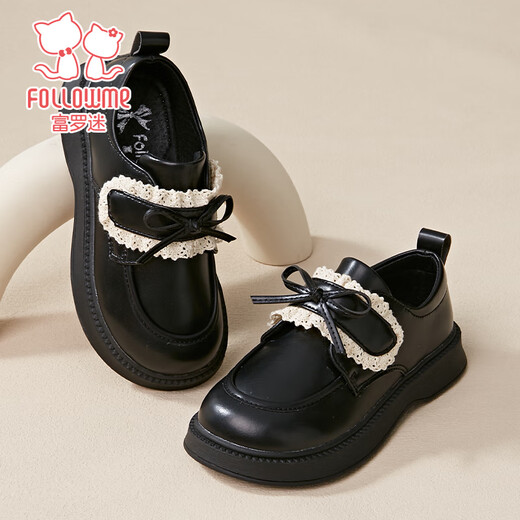 Fuluo Mi Girls' Leather Shoes Spring and Autumn Fashionable and Versatile Black Single Shoes for Middle-aged and Older Children Campus Performance Fashion Shoes Black 30