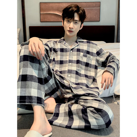 
Catman MiiOW grinding and woven pure cotton pajamas men's spring and autumn long-sleeved cardigan home clothes cotton autumn and winter plaid suit high-end 721 L 170 height 170-175 weight 120-140