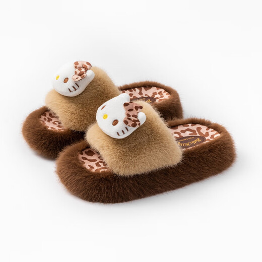 Sanrio (SANRIO) children's slippers for women spring and autumn new middle and large children's cotton slippers for home silent non-slip parent-child furry slippers HelloKitty Coffee 36-37 (inner length 235mm)