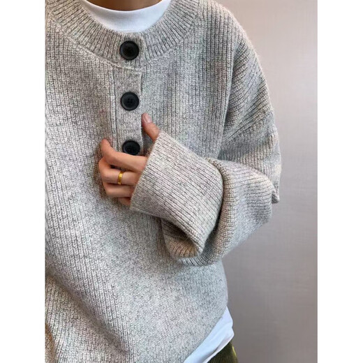 Autumn and winter tops Korean simple Henry collar sweater men's trendy brand INS pullover bottoming sweater light gray 3XL