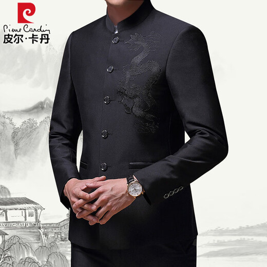 Pierre Cardin Men's Chinese Stand Collar Casual Suit Spring and Autumn Retro Blazer Dress Suit Suit Mao Suit Complete Set Embroidered Dragon Single Top Single Top XL 180 Suitable for 160-175 Jin Jin equals 0.5 kg