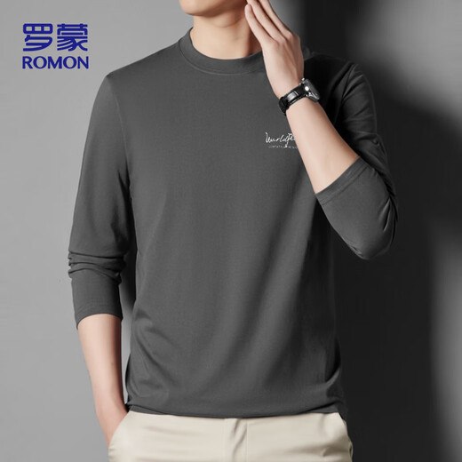 ROMON long-sleeved T-shirt men's pure cotton autumn loose solid color bottoming shirt round neck casual top 2313 dark gray XL