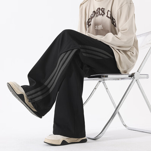 IZEXX American striped overalls men's high street casual loose straight wide leg sports long pants MZ98 black L