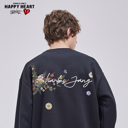 Charles Heart American Round Neck Pullover Sweatshirt for Men and Women Spring and Autumn Floral National Trend Imitation Embroidery Print Jacket Black L