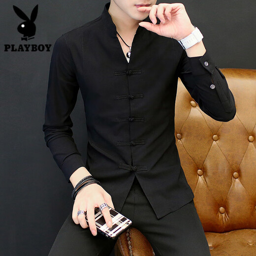 花花公子（PLAYBOY）男士衬衫长袖春秋唐装盘扣中式立领外套中国风休闲衬衣感男装 白色9905盘扣立领衬衫 2XL