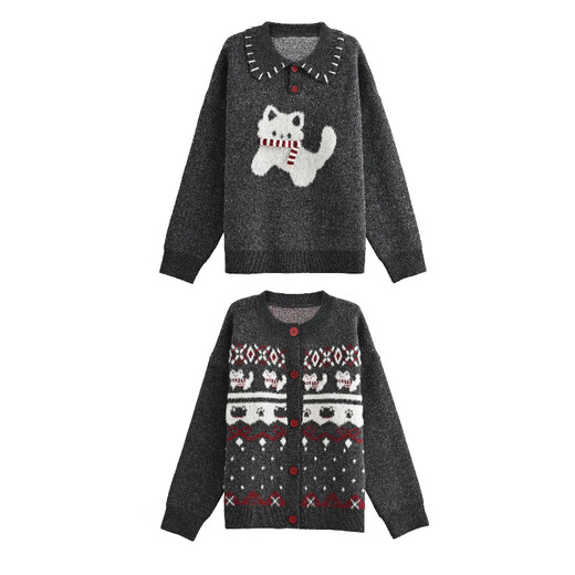 Mori tribe autumn and winter gray sweater for women 2025 new sweet style cat design versatile loose sweater dark gray pullover S model size