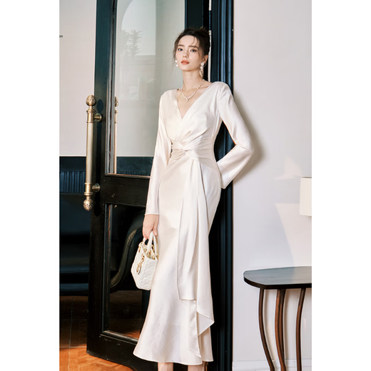 GJFD Guyue French twist satin high-end dress long-sleeved birthday white temperament slim fishtail dress light champagne L
