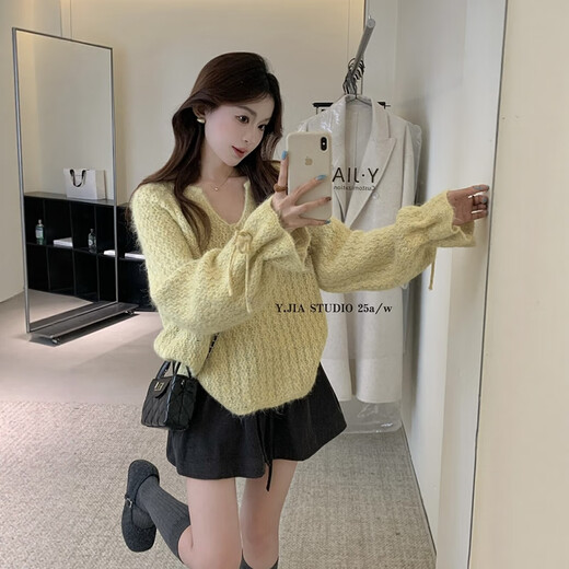Su Yuwei old money style gray high-end twist U-neck sweater for women autumn and winter lazy style drawstring bell sleeve sweater top yellow Follow the store - free shipping insurance S (80-95Jin Jin is equal to 0.5 kg)