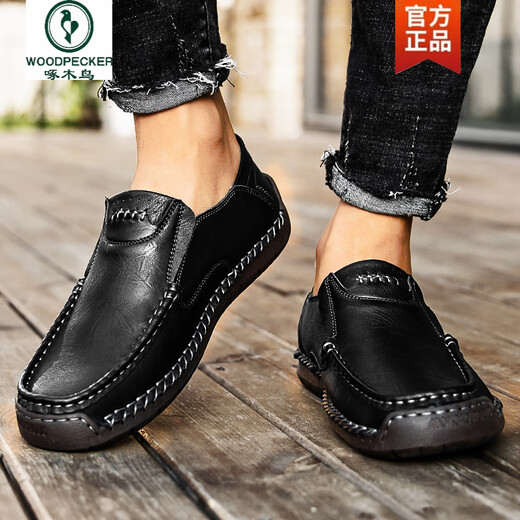 
Woodpecker men's casual leather shoes autumn leather one-foot lazy business casual soft leather soft sole bean shoes dad men's shoes black [9916 four seasons] 38