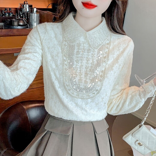 Luo Meng lace inner shirt for women 2025 new autumn and winter fashionable fashionable plus velvet bottoming doll collar long-sleeved top white regular L 105-120 Jin Jin is equal to 0.5 kg