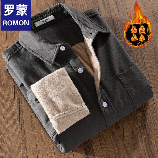 ROMON new winter thickened velvet men's shirt casual, simple and versatile pure cotton warm and cold youth shirt khaki L