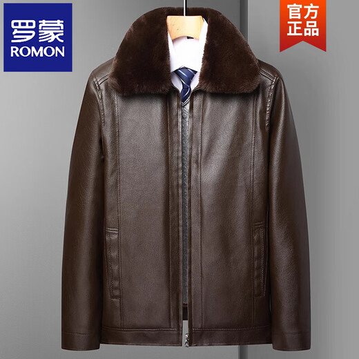 ROMON middle-aged and elderly dad winter coat fur collar 2026 new winter velvet thickened men's leather jacket black fur collar detachable XL 125-145Jin Jin equals 0.5 kg