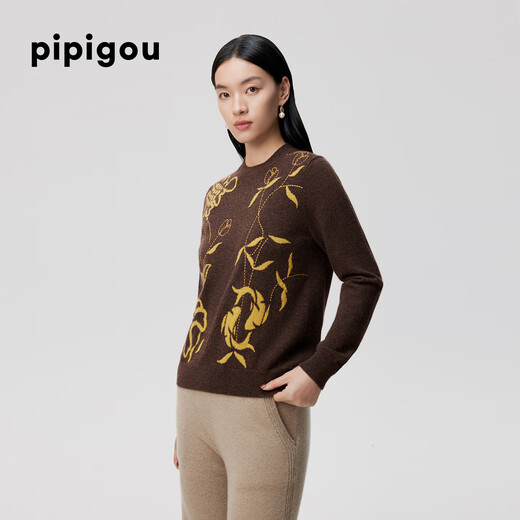 Pipi Dog's 25th Autumn and Winter New Style Round Neck Contrast Color Jacquard Knitted Sweater Shoulder Bottoming 100% Cashmere Sweater Women A26 Sandalwood Brown 2XL 175/96A