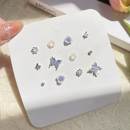 Bangboshi Super Fairy Butterfly One Week Earrings Simple and Versatile Niche Flower Season Girl Series Earrings Small and Sweet Jewelry One Week Earrings Exquisite Blue 5 Pairs