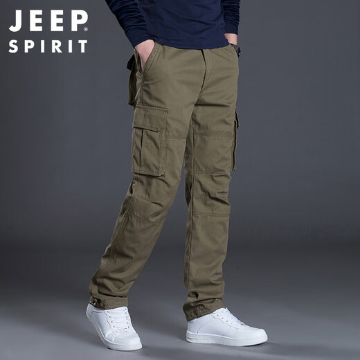 JEEP SPIRIT Jeep overalls men's autumn and winter straight casual pants men's loose multi-pocket men's pants military green L