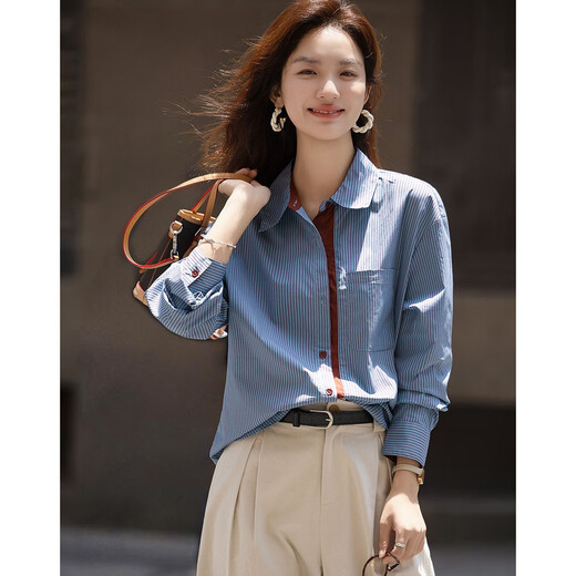 Demana Zizi cotton autumn artistic blue lapel contrast striped shirt patch pocket straight shirt women's top