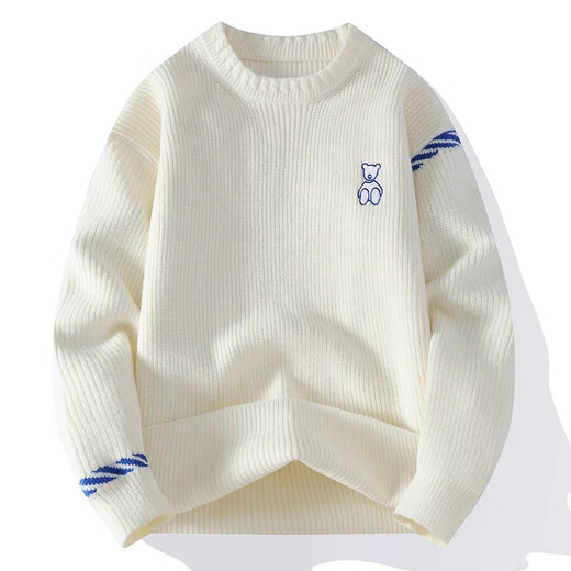 Kurashi Ichiki Trendy Bear bestickter Pullover 2025 Winter neuer gestrickter Pullover lose lässige warme Jacke Herren Top White XL