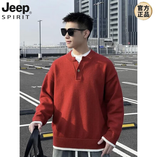 JEEP SPIRIT spring, autumn and winter heavy ins style fake two-piece spliced henley collar sweater for men loose casual versatile solid color V-neck wool gray original custom 900g fabric M recommended 90-125Jin Jin equals 0.5 kg