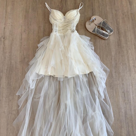 Vnxifm Light Luxury Heavy Industry Birthday Dress Princess White Mesh Suspender Pearl Chain Irregular Dress Long Dress Dress Beautiful Summer Little Skirt_First Love Dress for Little People_Big and Beautiful L