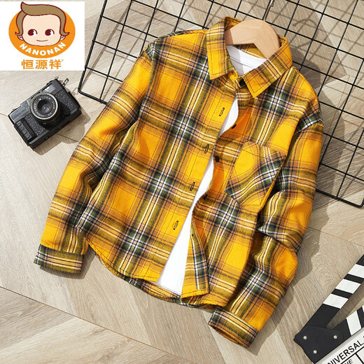 Hengyuanxiang children's shirts, boys' shirts, long-sleeved autumn and winter new children's plaid shirts, medium and large children's baby brushed tops, Korean orange blue 160 cm