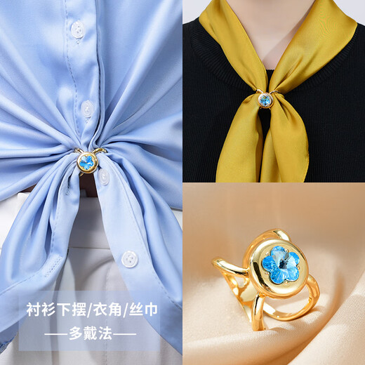 Zuoou women's high-end silk scarf button blue rhinestone bow knotted fixed button shirt streamer buckle small square scarf clip gold blue rhinestone
