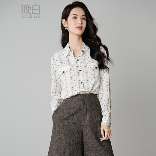 Late White New Product 2025 Autumn Temperament Printed Shirt Skin Friendly Elastic Casual Lapel Shirt Women Color M